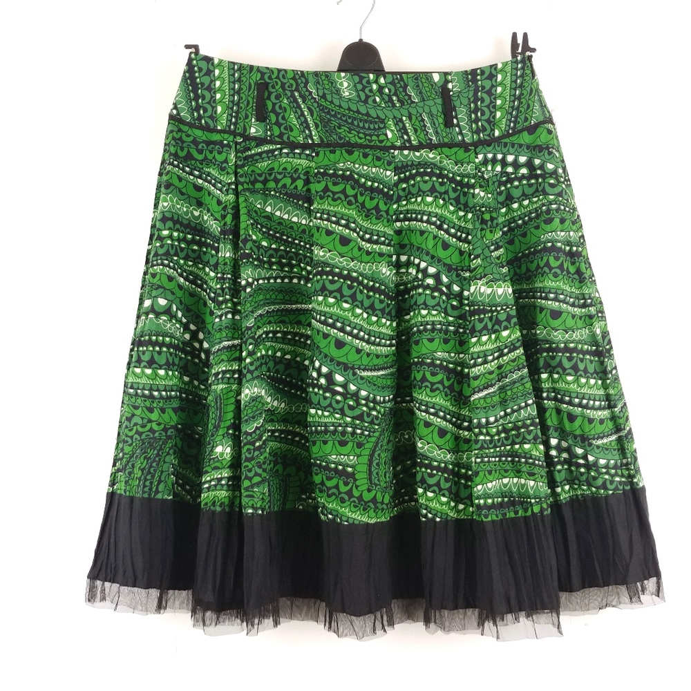 Green & Black Abstract Print Tulle Trim Skirt